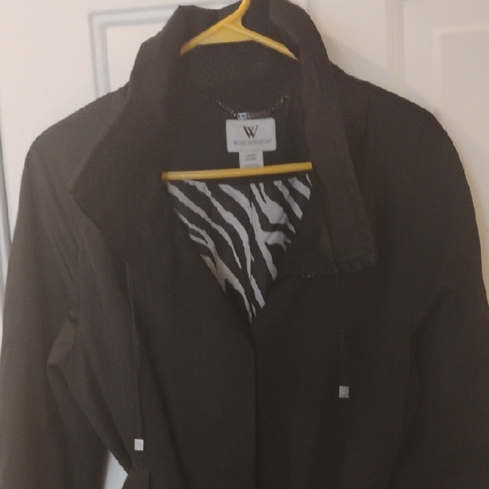 Worthington Black Trench Coat, Adjustable collar with Slide For Wind.